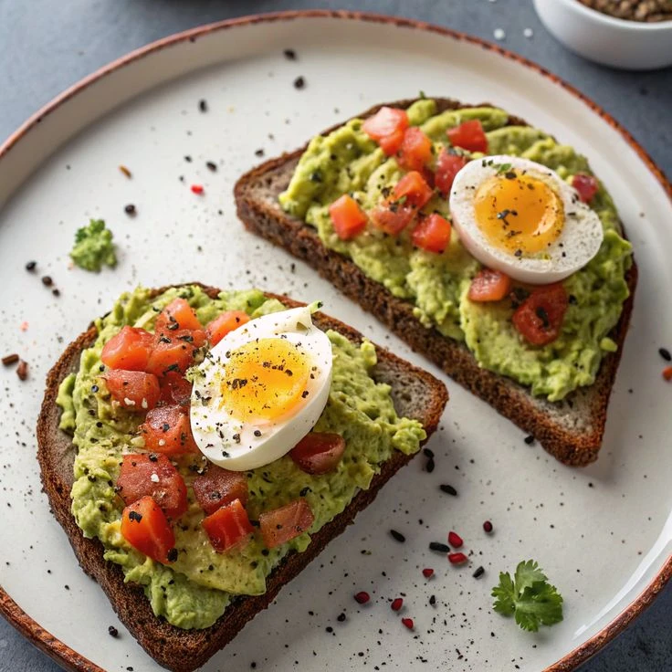 بيض مسلوق مع توست كامل الحبوب وأفوكادو