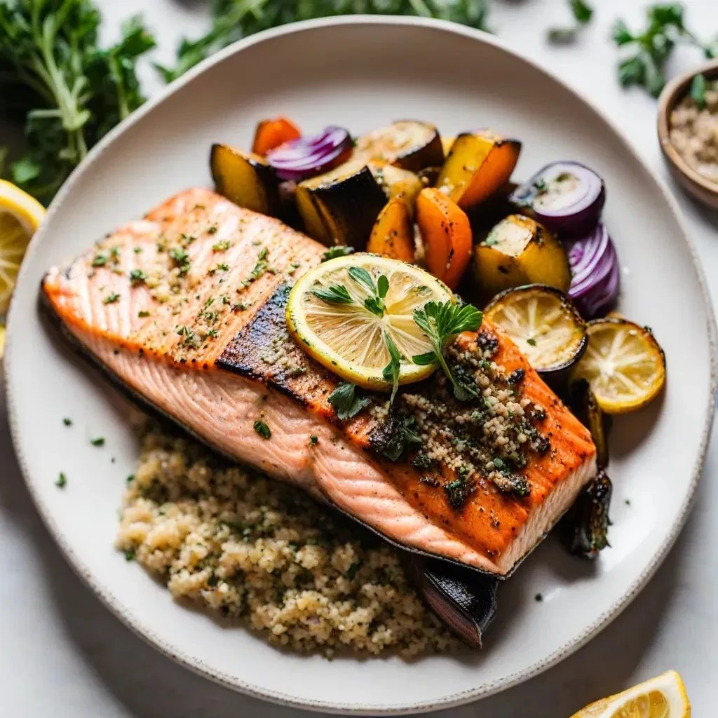 سمك مشوي مع كينوا وخضار سوتيه